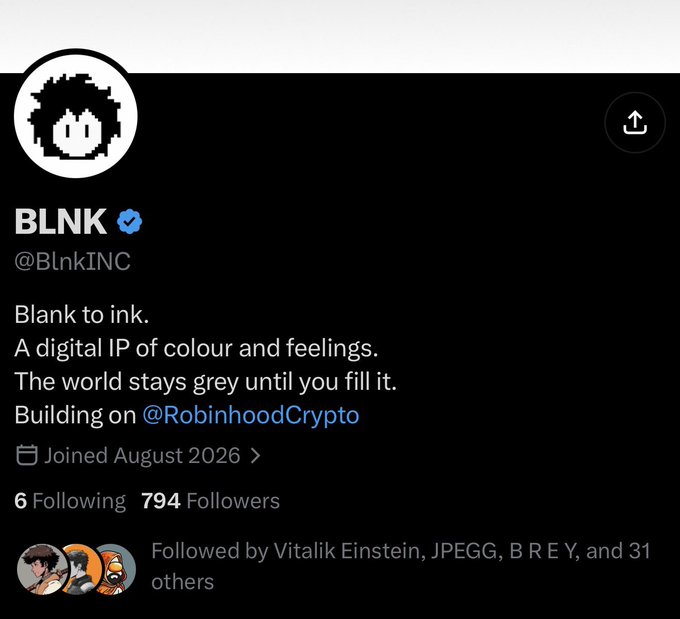 The image shows a Twitter/X profile for **BLNK** (@BlnkINC), described as "Blank to ink. A digital IP of colour and feelings" with 794 followers, joined August 2026, and built on @RobinhoodCrypto, aligning with the post highlighting it as an early alpha project with TBA supply and mint details.