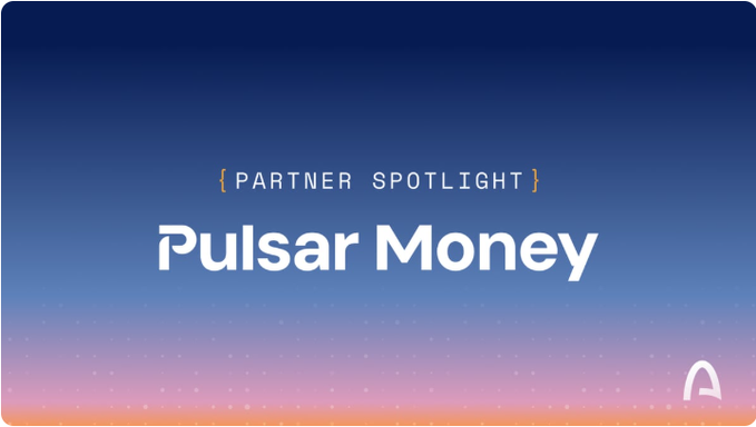A 'PARTNER SPOTLIGHT' graphic featuring 'Pulsar Money' in white text against a blue-to-pink gradient background with a subtle dotted pattern.