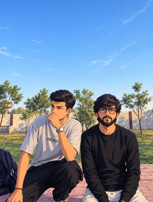 An anime-style illustration of two young men sitting outdoors on a sunny day; one wears a white "ONE PIEC" t-shirt, and the other wears glasses and a black sweater.