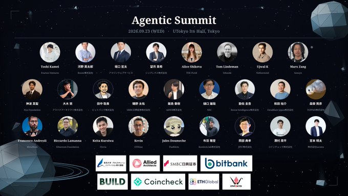 An 'Agentic Summit' event poster dated 2026.09.23 at Utōkyo Ito Hall, Tokyo, displaying headshots of speakers including Toshi Kamei, Alice Shilova, Tom Lindeman, and others, with sponsor logos like bitbank, SMBC日興証券, and Coincheck.