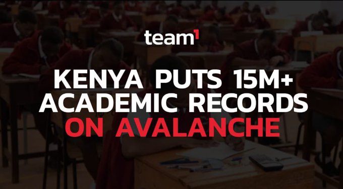 Headline graphic from 'team1' reading 'KENYA PUTS 15M+ ACADEMIC RECORDS ON AVALANCHE' over a background image of students in red uniforms taking exams.