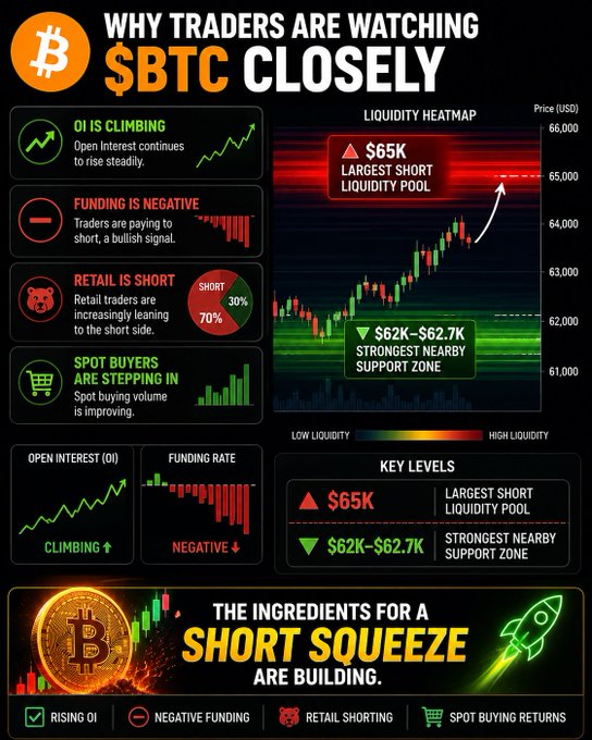 "Why traders are watching $BTC closely: 1. OI is climbing 2. Funding is negative 3. Retail is short 4. Spot buyers are stepping in Key levels: $65K = largest short liquidity pool $62K-$62.7K = strongest nearby support zone". The text explains the current market situation, and how it affects the price of Bitcoin.