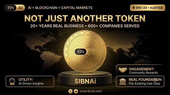 A promotional graphic for '$IBNAi' token by IBN AI, highlighting 'AI × BLOCKCHAIN × CAPITAL MARKETS', '20+ YEARS REAL BUSINESS • 600+ COMPANIES SERVED', 'ERC-20 • AUDITED', with utility, engagement, and real foundation features listed.