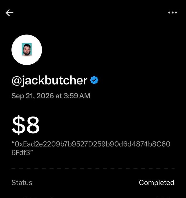 A screenshot of a social media post or transaction from verified user @jackbutcher dated Sep 21, 2026, showing an amount of $8 associated with a long alphanumeric hash and a 'Completed' status.