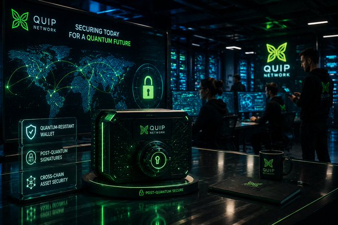 A futuristic cybersecurity advertisement for 'QUIP NETWORK' with green neon branding, featuring a central device labeled 'POST-QUANTUM SECURE' and feature tags including 'QUANTUM-RESISTANT WALLET', 'POST-QUANTUM SIGNATURES', and 'CROSS-CHAIN ASSET SECURITY'.