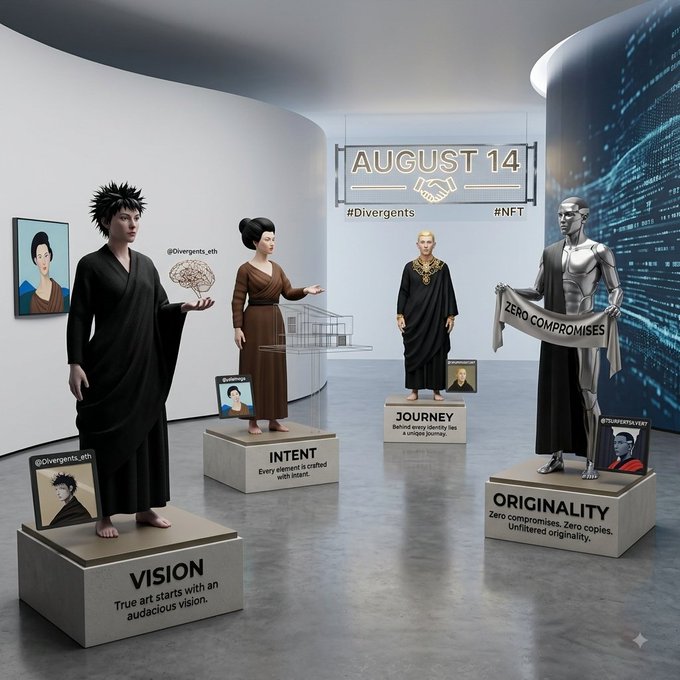A digital artwork displayed in a gallery setting dated 'AUGUST 14' featuring four humanoid statues on pedestals labeled 'VISION', 'INTENT', 'JOURNEY', and 'ORIGINALITY', with hashtags #Divergents and #NFT.