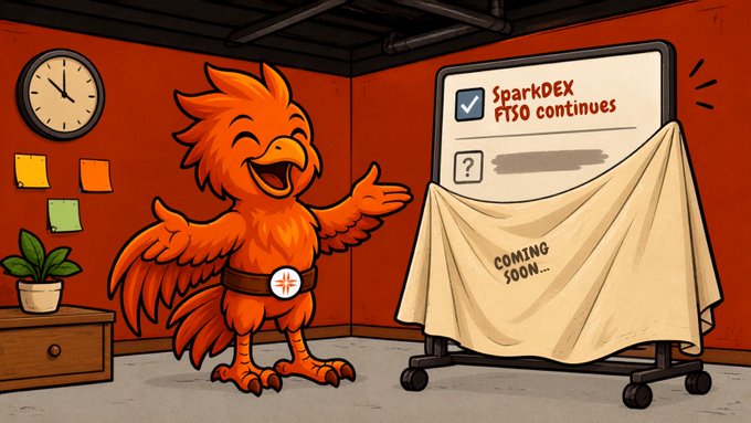 A cartoon orange phoenix-like bird pointing toward a covered easel with a sign reading "COMING SOON..." and "SparkDEX FTSO continues," with a checkmark and a question mark.