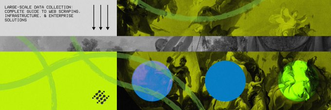 The image features a bold graphic design with black, yellow, and white geometric sections, showcasing abstract photographic imagery and circular shapes, accompanied by the text "LARGE-SCALE DATA COLLECTION: COMPLETE GUIDE TO WEB SCRAPING, INFRASTRUCTURE, & ENTERPRISE SOLUTIONS." This aligns with the post's focus on the often-overlooked costs of web scraping at scale, illustrating the visual theme of a guide to enterprise data collection while the post highlights how true costs per usable GB can exceed surface pricing due to infrastructure overhead and failed requests.