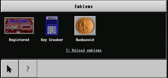 A screenshot of a software interface titled "Emblems" displaying three icons labeled "Registered," "Key Cracker," and "Buckazoid," with a "Reload emblems" option at the bottom—though this appears to relate to a Bitcoin-related discussion rather than the emulator interface shown.