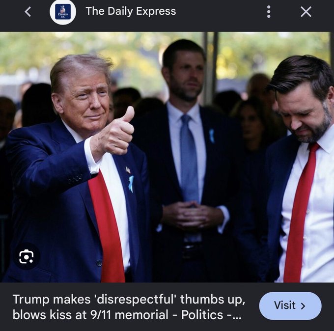 A news screenshot from The Daily Express showing Donald Trump in a blue suit giving a thumbs up next to Eric Trump, with the headline 'Trump makes 'disrespectful' thumbs up, blows kiss at 9/11 memorial - Politics'.