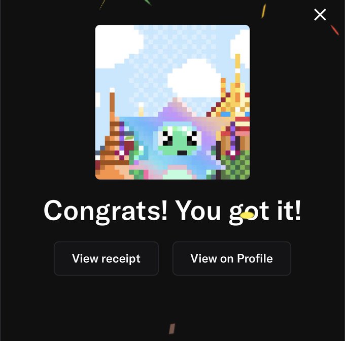 A pixel art NFT transaction confirmation screen displaying 'Congrats! You got it!' with options to 'View receipt' and 'View on Profile'.