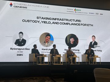 Panel discussion at 'ETH SEOUL KOREA ONE' titled 'STAKING INFRASTRUCTURE: CUSTODY, YIELD, AND COMPLIANCE FOR ETH' featuring speakers Byeonggyun Seo, Kent Lin, Seong Chang, and Seok Yang.
