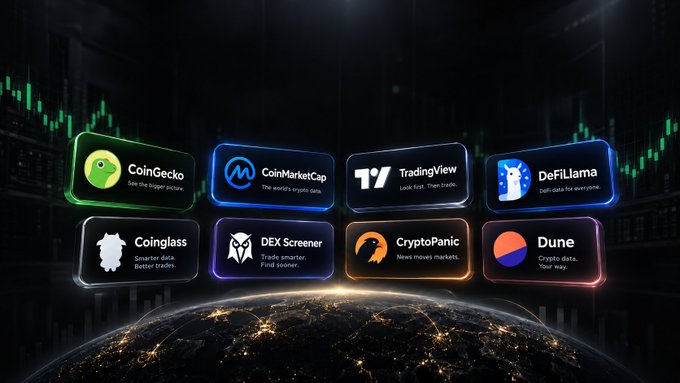 Eight popular crypto tracking platforms are displayed in a glowing grid above a city-lit Earth at night, featuring CoinGecko ("See the bigger picture"), CoinMarketCap ("The world's crypto data"), TradingView ("Look first. Then trade."), DeFiLlama ("DeFi data for everyone"), Coinglass ("Smarter data. Better trades."), DEX Screener ("Trade smarter. Find sooner."), CryptoPanic ("News moves markets."), and Dune ("Crypto data. Your way."). The image directly relates to the post by showcasing well-known sites crypto enthusiasts commonly use to follow market data.
