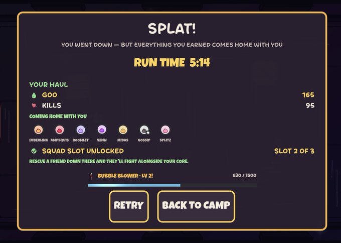 A post-run "SPLAT!" screen showing a 5:14 run time with a haul of 165 goo and 95 kills, unlocking Squad Slot 2 of 3 with companions Imbeeling, Ampsours, Boombey, Vennn, Midas, Gossip, and Splitz, and awarding "Bubble Blower - LV 2!" at 830/1500 progress — marking the player's first successful run.