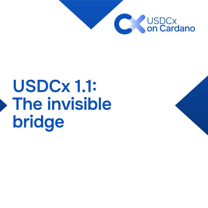 A promotional graphic with the text 'USDCx 1.1: The invisible bridge' and a 'USDCx on Cardano' logo at the top.
