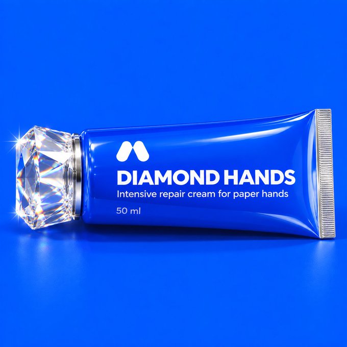 A royal blue tube labeled "DIAMOND HANDS - Intensive repair cream for paper hands - 50 ml" lies on its side against a matching blue background, its cap stylized like a sparkling diamond—visually embodying the meme's theme of staying "moisturized, unbothered, and not selling" through the literal "repair cream for paper hands."