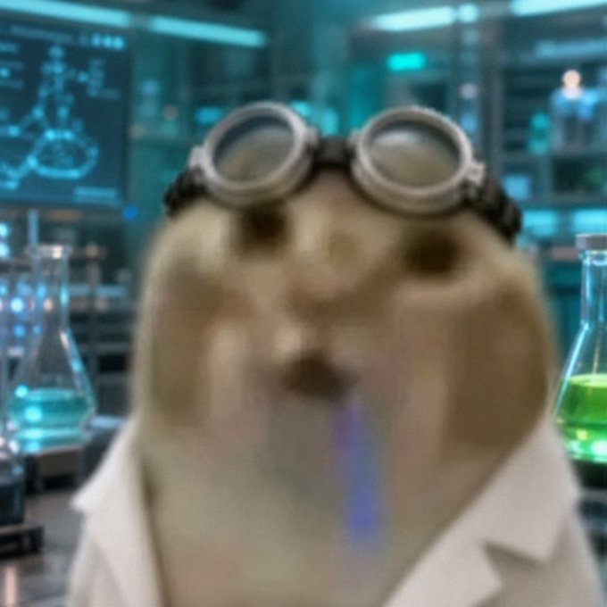 A blurry close-up of a hamster wearing goggles in a laboratory setting with glowing green and blue beakers in the background.