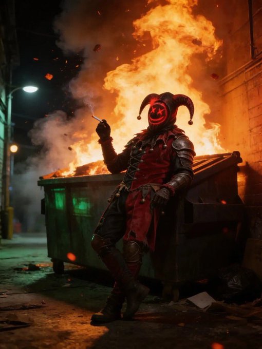 The image features a person dressed as a clown, standing next to a green dumpster with flames coming out of it. The person appears to be smoking a cigarette while wearing a red and black outfit that includes a helmet. The background shows a city street at night, which adds an urban atmosphere to the scene. The post about this image reads: "Fear? Never heard of him."