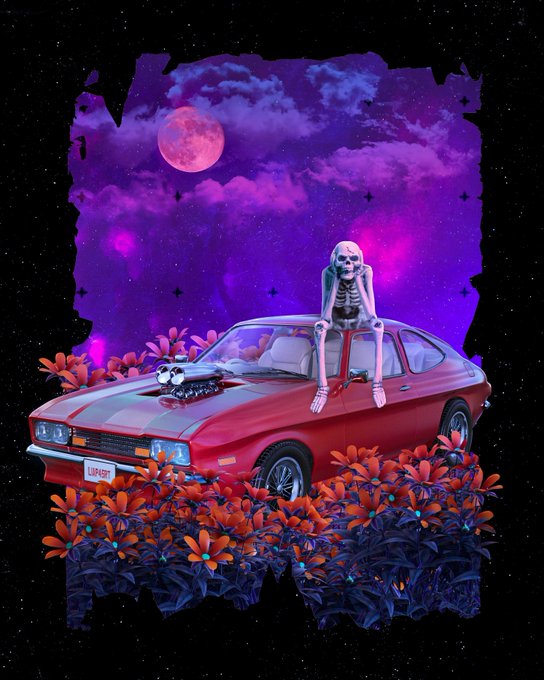 A surreal, retro-futuristic illustration depicting a skeleton in a red scarf sitting on the hood of a red muscle car with "LUXURY" on the license plate, surrounded by orange flowers under a purple moonlit sky.