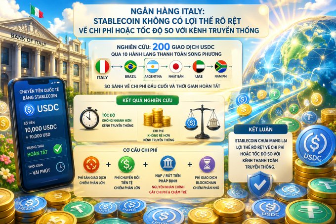 The image is an infographic from a Bank of Italy study titled "NGÂN HÀNG ITALY: STABLECOIN KHÔNG CÓ LỢI THẾ RÕ RỆT VỀ CHI PHÍ HOẶC TỐC ĐỘ SO VỚI KÊNH TRUYỀN THỐNG" (Bank of Italy: Stablecoin Has No Clear Advantage in Cost or Speed vs. Traditional Channels), summarizing research of 200 USDC transactions across 10 payment corridors involving Italy, Brazil, Argentina, Japan, UAE, and South Africa, concluding that a $10,000 USDC transfer that completes almost instantly still incurs costs from spread, FX, network, and blockchain fees, making it no cheaper or faster than traditional methods.
