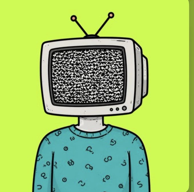 A colorful illustration of a figure with an old-fashioned television set for a head displaying static, wearing a teal sweater patterned with symbols against a bright yellow-green background.