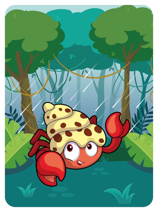 A cartoon hermit crab with a spotted shell and large red claws stands in a lush green jungle setting with rain falling. The illustration represents the "Happy Hermit Crab" Veefriends character that the poster received as a profile picture gift from Gary Vaynerchuk.