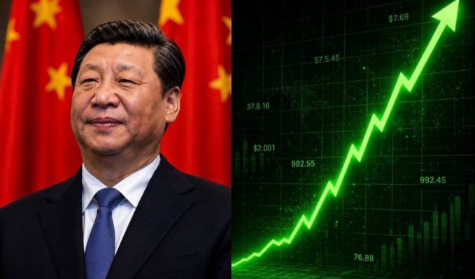 This image shows Xi Jinping and a green upward-trending stock market graph, visually representing China's recent liquidity injection and its potential positive impact on the global economy.