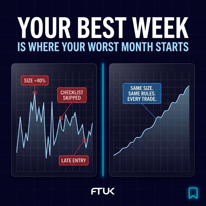 A trading educational graphic with the headline 'YOUR BEST WEEK IS WHERE YOUR WORST MONTH STARTS', contrasting a volatile chart with mistakes ('SIZE +40%', 'CHECKLIST SKIPPED', 'LATE ENTRY') against a steady upward chart labeled 'SAME SIZE. SAME RULES. EVERY TRADE.'