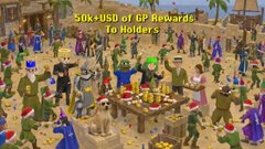 A pixelated game scene shows characters gathered around a table with text reading '50k+USD of CP Rewards to Holders!'.