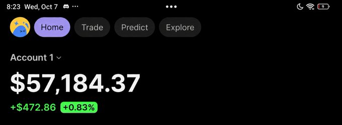 A mobile trading app displays Account 1 with a portfolio balance of $57,184.37, up $472.86 (+0.83%), aligning with the post's celebration of memecoin gains.