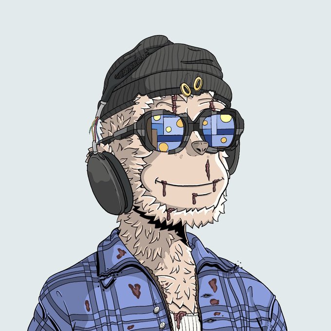 A cartoon illustration of a furry primate character wearing a beanie, headphones, blue plaid shirt, and sunglasses with a stitched scar across its face.
