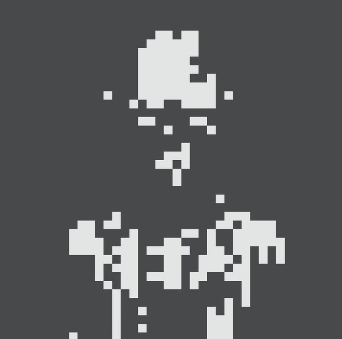 A minimalist pixel art design on a dark gray background depicting a skull-like face above the partially obscured, glitchy text 'BITCOIN'.