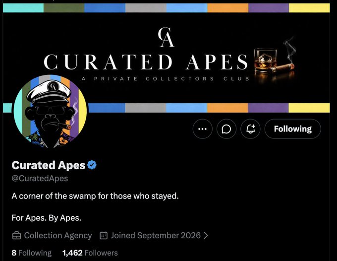 A Twitter/X profile for 'Curated Apes' (@CuratedApes) described as 'A corner of the swamp for those who stayed' and 'For Apes. By Apes.', with 1,462 followers.