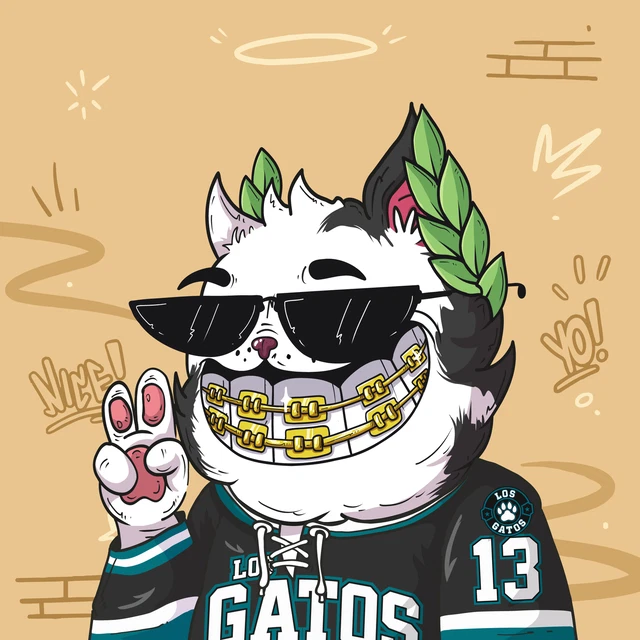An illustration of a cartoon cat character with a laurel wreath, sunglasses, gold grill, and a 'LOS GATOS 13' sports jersey, making a peace sign.