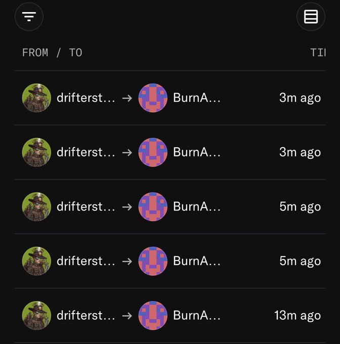 A mobile app transaction history screen showing multiple recent transactions from 'drifterst...' to 'BurnA...' at 3m, 5m, and 13m ago.
