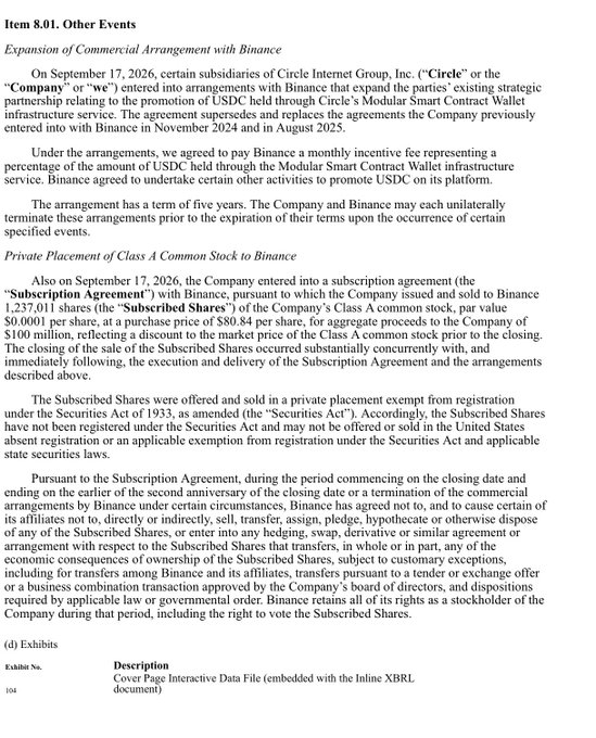 A legal document excerpt labeled 'Item 8.01. Other Events' detailing Circle Internet Group's expanded commercial arrangement with Binance, including a subscription agreement for private placement of 1,237,011 Class A shares at $80.84 per share for $100 million on September 17, 2026.