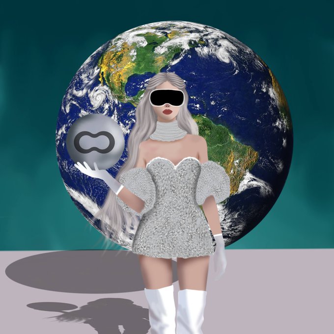 A digital avatar of a woman with long silver hair, wearing sunglasses, a textured gray dress, and white boots, stands before a globe of Earth while holding a silver Meta logo orb.