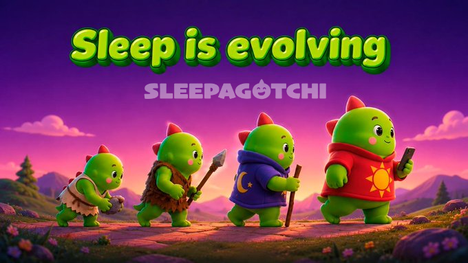 An advertisement reading 'Sleep is evolving SLEEPAGOTCHI' showing four green creature characters in an evolutionary progression from caveman-like to modern attire with a smartphone.