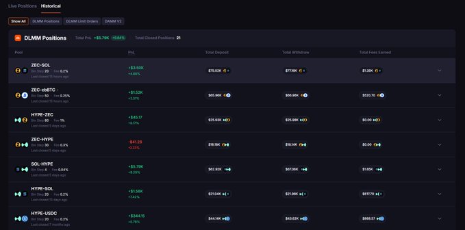 Dark-themed dashboard showing "Historical" live positions for DLMM Pools, listing pairs like ZFC-SOL, ZFC-USBTC, HYPE-ZEC, ZEC-HYPE, SOL-HYPE, HYPE-SOL, and HYPE-USDC along with PnL and deposit details.