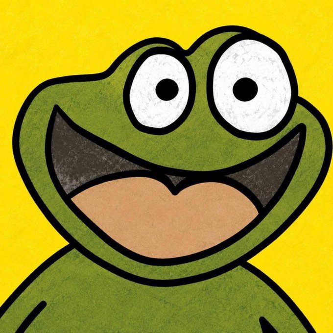 A cartoon frog with wide eyes and a big grin grins against a yellow background, representing the Oggie meme character mentioned in the post as an OG internet culture icon predating Pepe.