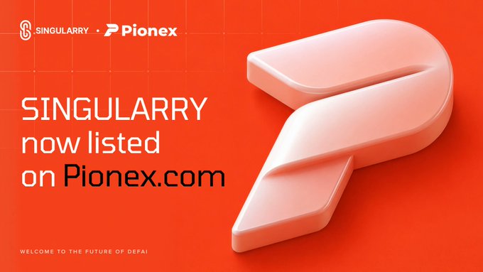 A promotional advertisement with orange background announcing 'SINGULARITY now listed on Pionex.com' featuring the Singularity and Pionex logos and the tagline 'WELCOME TO THE FUTURE OF DEFAI'.