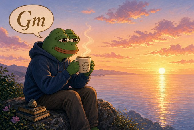 A cartoon illustration of Pepe the Frog wearing a blue hoodie, holding a coffee mug labeled 'TAKE IT EASY' while watching a sunset over the ocean, with a speech bubble saying 'Gm'.