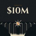 A simple black graphic displays the text '$10M' above a stylized sunburst icon.
