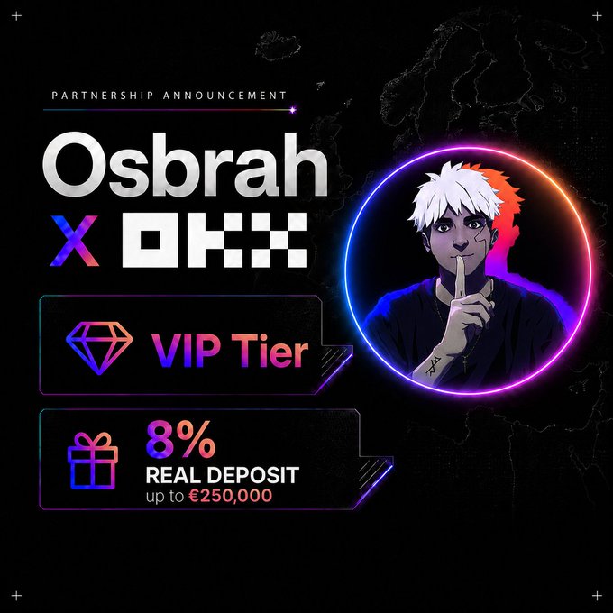 A partnership announcement graphic featuring Osbrah alongside the OKX exchange logo, advertising an exclusive "VIP Tier" offer with an 8% real deposit bonus up to €250,000, illustrated by an anime-style character with white hair holding a finger to their lips. The promotional post encourages users to join OKX using Osbrah's referral link following the closures of BitMex and BitMart.
