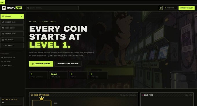 The image shows the MANYU.FUN homepage featuring a neon arcade-themed interface with the headline "EVERY COIN STARTS AT LEVEL 1," encouraging users to launch memecoins on Etherfun in 30 seconds through a no-code, bonding curve mechanism that graduates to Uniswap V3. The dashboard displays zero tokens launched, $0.00 in volume, and "King of the Hill" and "Live Feed" sections, supporting the post's announcement that the fair-launch platform is live on Robinhood Chain.