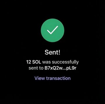 The image shows a successful transaction confirmation for 12 SOL sent to the wallet address B7xQ2w...pL9r, featuring a green checkmark and a "View transaction" link. This likely represents a crypto giveaway or airdrop payout in response to the post soliciting Solana wallet addresses.
