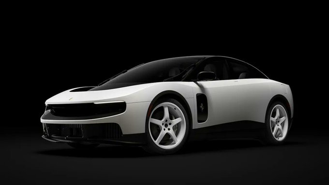 A sleek, white sports car with black accents and distinctive wheels, featuring the Ferrari prancing horse logo on the side, displayed against a black background.