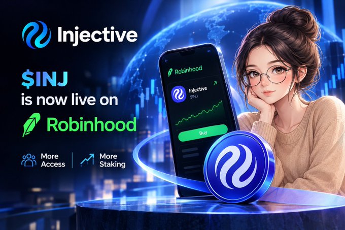 An advertisement showing a woman with glasses looking at a phone displaying the Robinhood app, with text reading "Injective", "$INJ is now live on Robinhood", "More Access", and "More Staking".