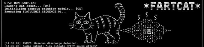 A retro terminal-style ASCII art display shows a striped cat labeled "*FARTCAT*" emitting a gaseous cloud, with code output reading "RUN FART.EXE," "Loading cat asset... [OK]," and humorous logs like "[14:32:01] EVENT: Gaseous discharge detected" and "Audio Output: *low-bitrate FFFFT sound effect*." This meme visually captures the absurd, joke nature of the $FARTCAT crypto token, contrasting its silly concept with the serious pace of trending crypto markets.