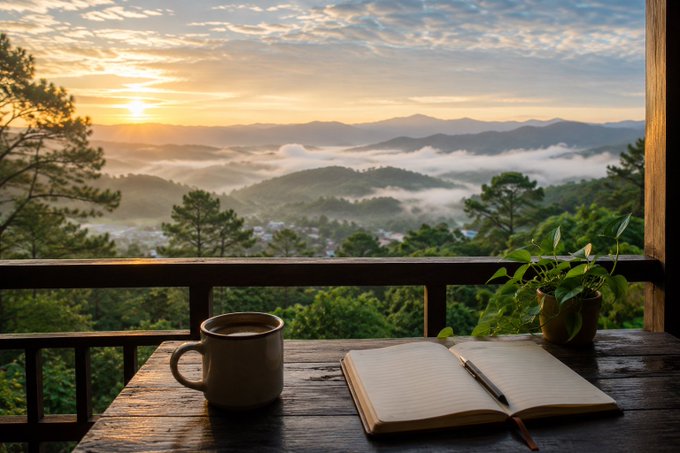 A serene balcony view at sunrise featuring a mug of coffee, an open book, and a plant overlooking misty mountains.